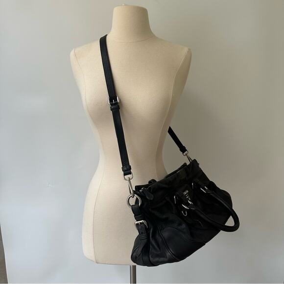 Vintage Prada Black Top Handle Bag Satchel Crossbody Silver Logo Belt Designer - Picture 10 of 16